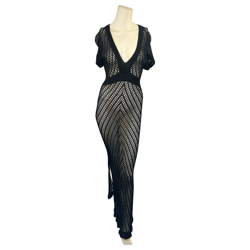 Unleash Your Seductive Side In A Double Split V-Neck Black Crochet Dress Small/ Medium