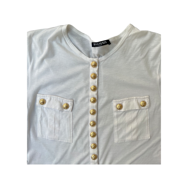 Balmain  White Cotton T-Shirt Signature Gold Buttons