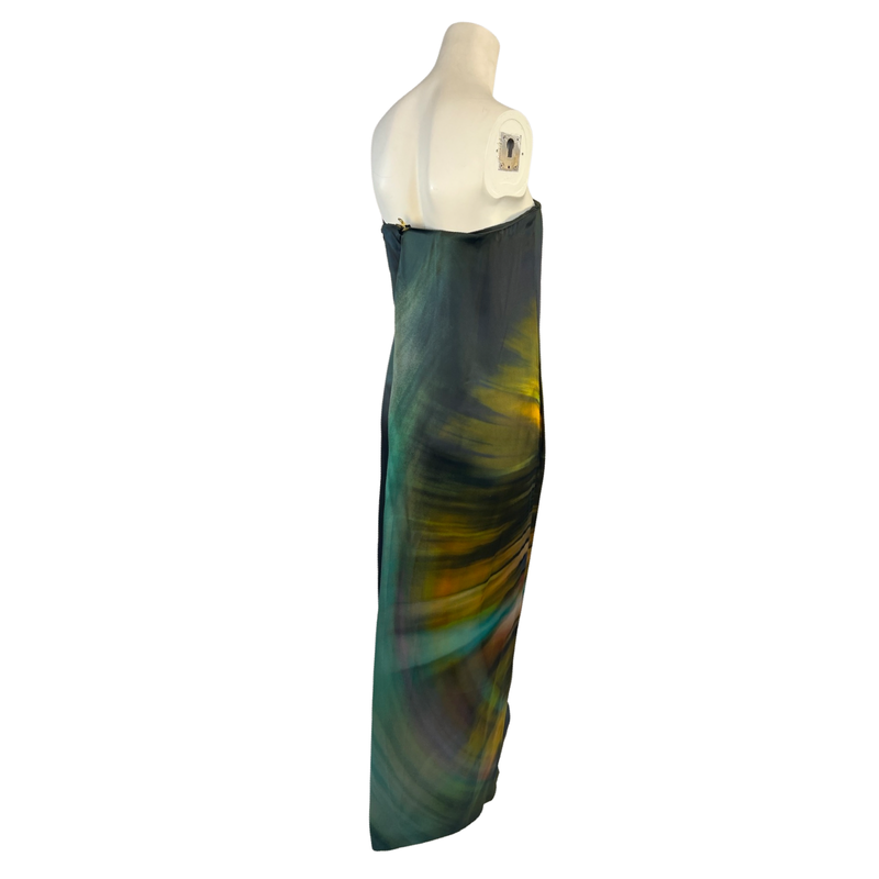 Make a Statement in this Strapless Abstract Print Corseted Dress Crafted from Pure Silk Full-Length UK8 Style