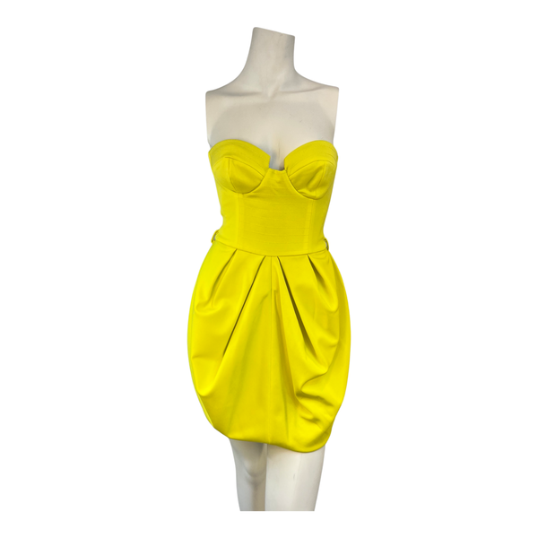 Bright Yellow Corseted Bandeau Strapless Dress With Structured Skirt UK8