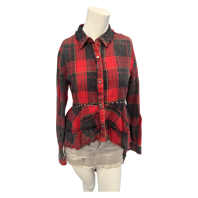 Zara Premium Denim Tartan Punk Shirt with Distressed and Studded Details Size XS