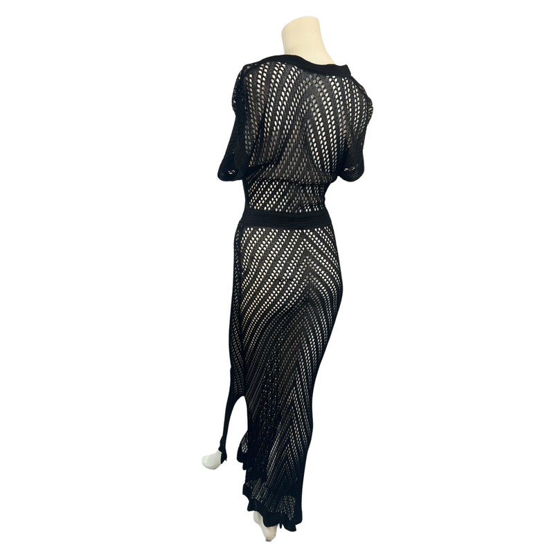 Unleash Your Seductive Side In A Double Split V-Neck Black Crochet Dress Small/ Medium