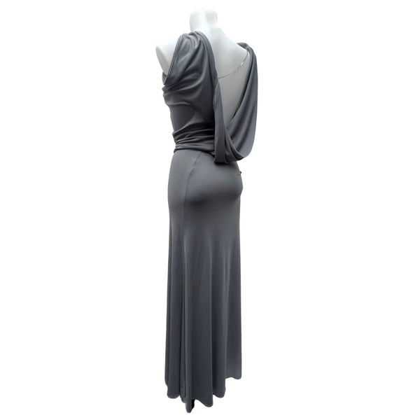 Stunning Full Length Grey Jersey Dress Scoop Back Evening Dress UK8/ 10