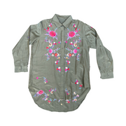 Soft Cotton Khaki Green Shirt Bright Embroidered Flowers Small
