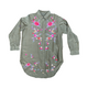 Soft Cotton Khaki Green Shirt Bright Embroidered Flowers Small