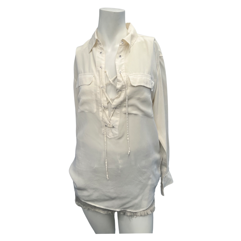 Equipment Over Sized White Silk Shirt Lace Up Front XS