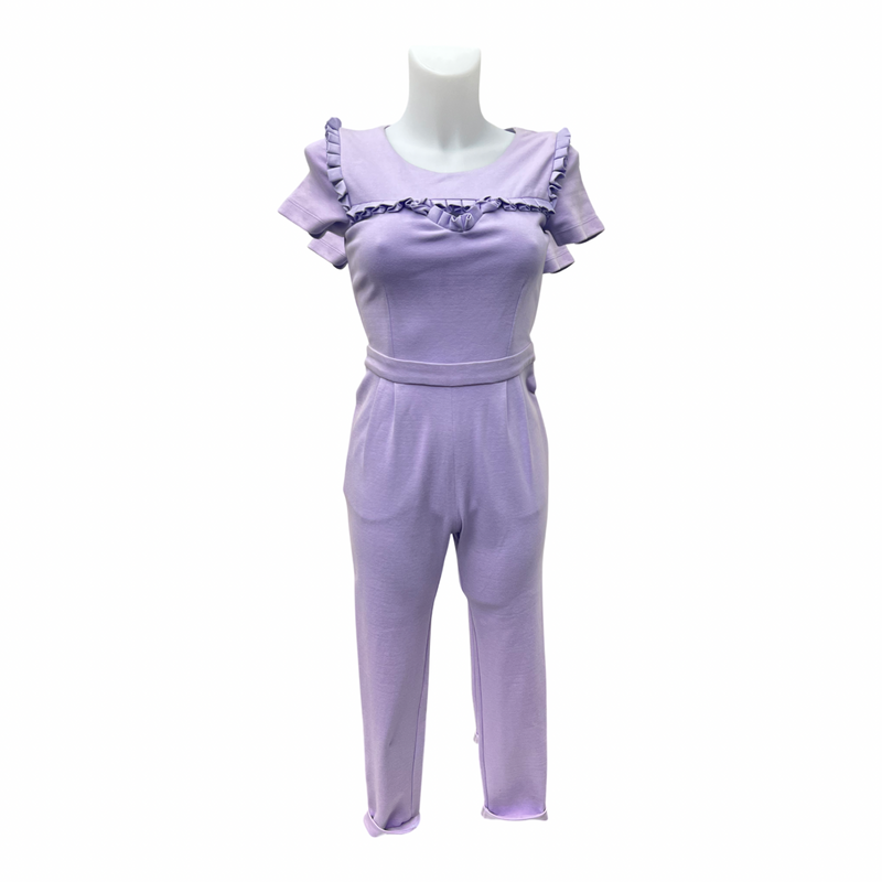 Disaya Lilac Jersey Jumpsuit Small Pleated Shoulder Peephole Neckline