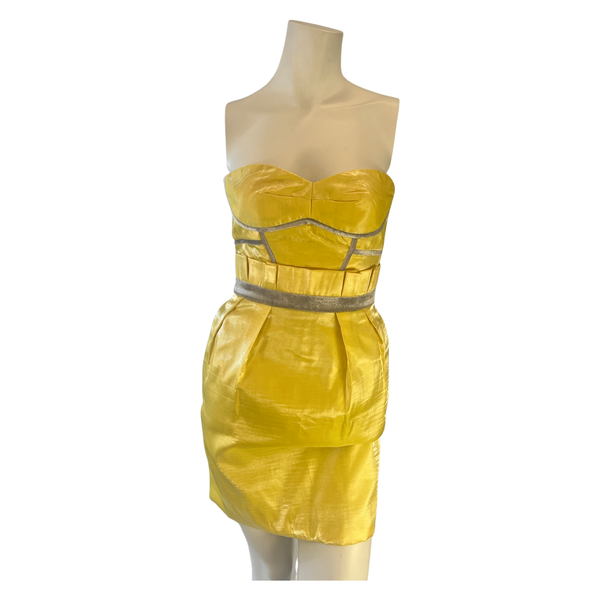 Stunning Genesis Yellow Satin Dress with Grey Velvet Detailing UK8