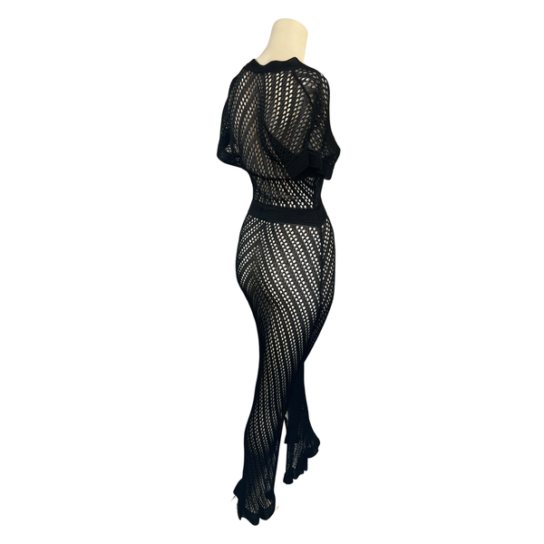 Unleash Your Seductive Side In A Double Split V-Neck Black Crochet Dress Small/ Medium