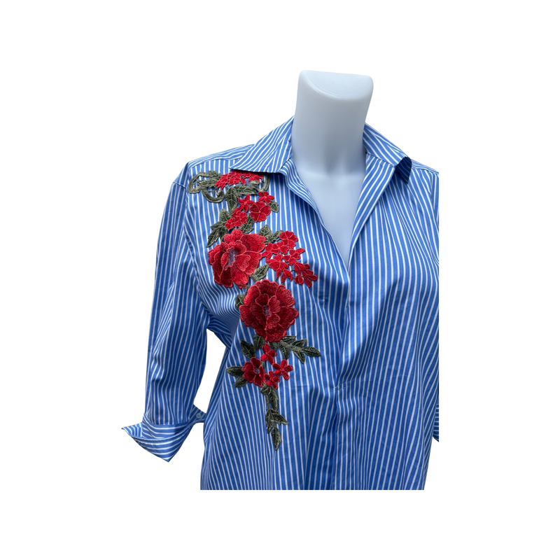 Zara Cotton Shirt Dress Blue Pinstripe Large Embroidery Flowers New Small