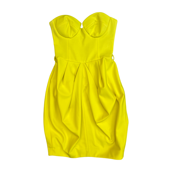 Bright Yellow Corseted Bandeau Strapless Dress With Structured Skirt UK8