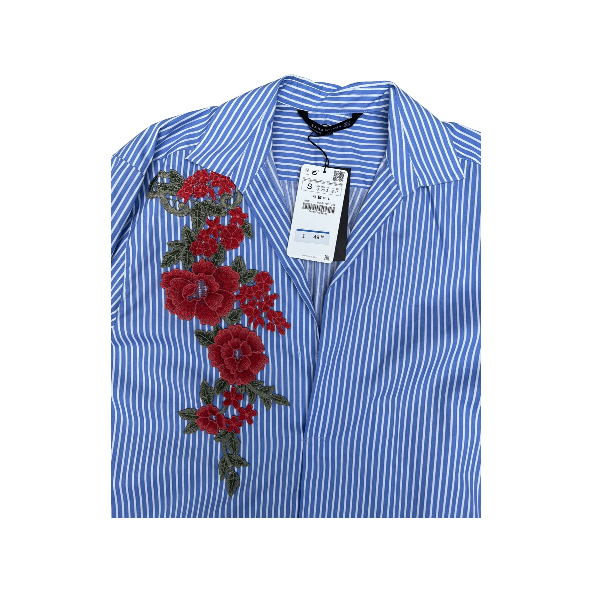 Zara Cotton Shirt Dress Blue Pinstripe Large Embroidery Flowers New Sm FADVault Zara Cotton Shirt Dress Blue Pinstripe Large Embroidery Flowers New Sm FADVault