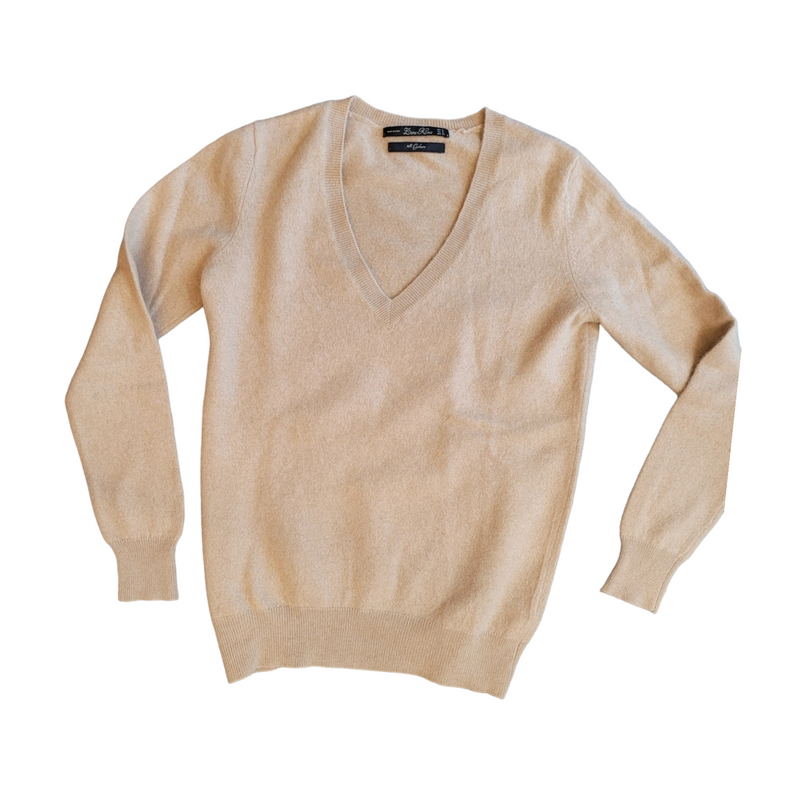 Zara Knit V-Neck Cashmere Jumper in Caramel, Size Small<