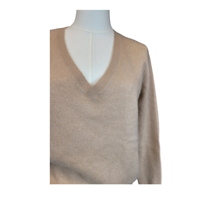 Zara Knit V-Neck Cashmere Jumper in Caramel, Size Small<