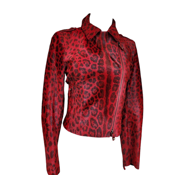 Valentino Rare Stunning Fitted Biker Jacket in Red Leopard Print Calf Hair, Size 38