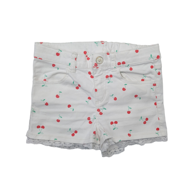 H&M (8-9 Years) White Cotton Denim Cute Cherry Print Shorts with Lace Trim