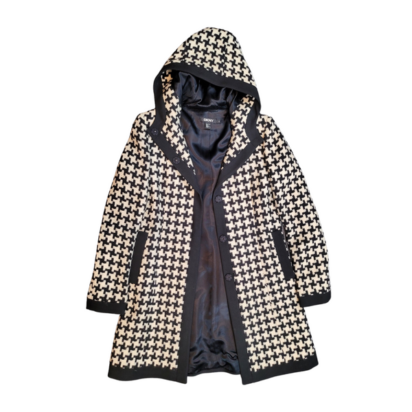 DKNY (US6 UK10) Woman's Black/Off White Hounds Tooth 100% Wool Coat with Hood
