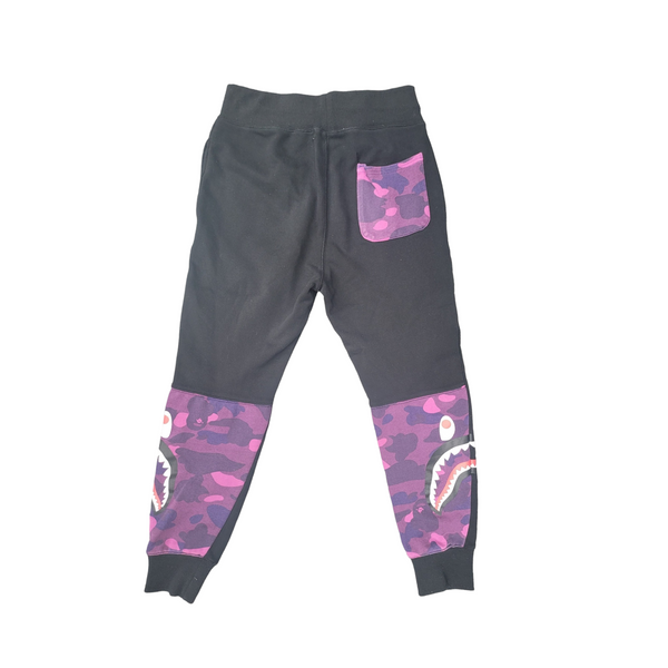 Bathing Ape Boys Medium Black Cotton Sweatpants with Shark and Purple Camouflage