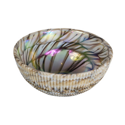 Unsigned Small Murano Glass Bowl with Ribbed Shell Exterior and Caramel Mixed Hues