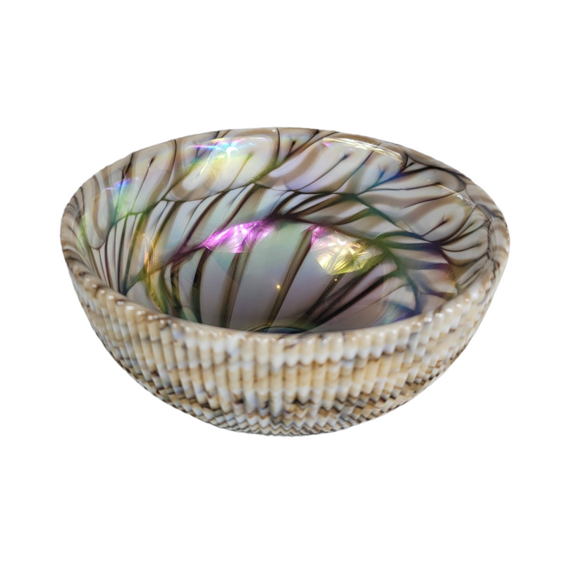 Unsigned Small Murano Glass Bowl with Ribbed Shell Exterior and Caramel Mixed Hues