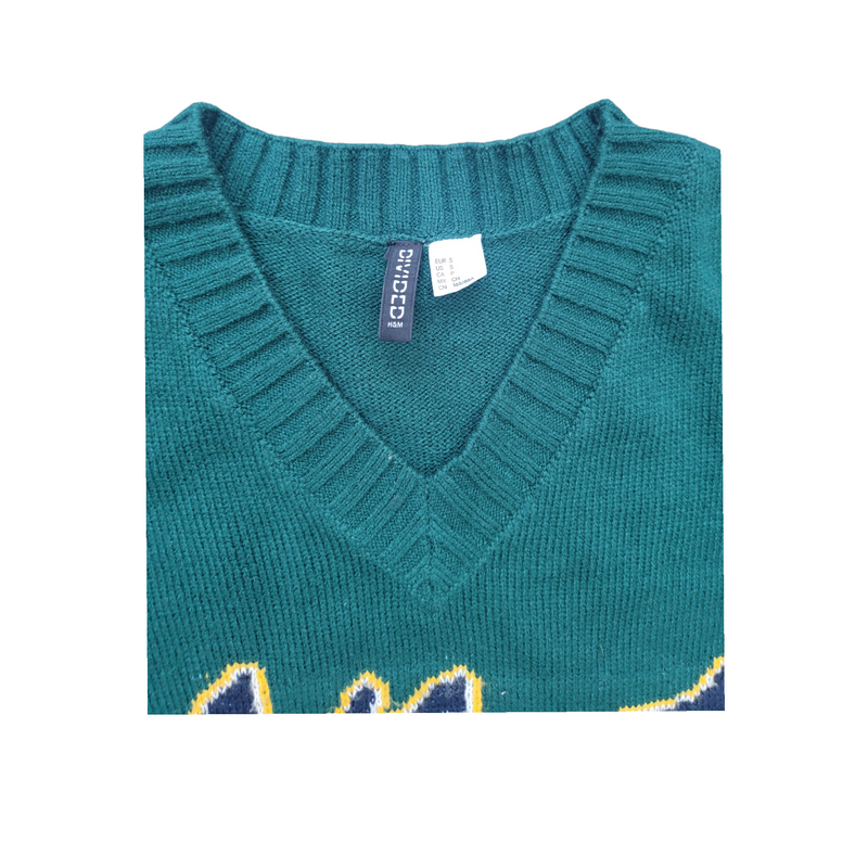 H&M Varsity Woman's V-Neck Jumper in Green, Size Small