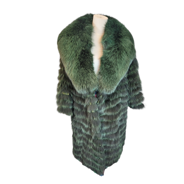 Custom Stunning Panelled Real Mink Fox Fur Coat in Green, UK Size 10