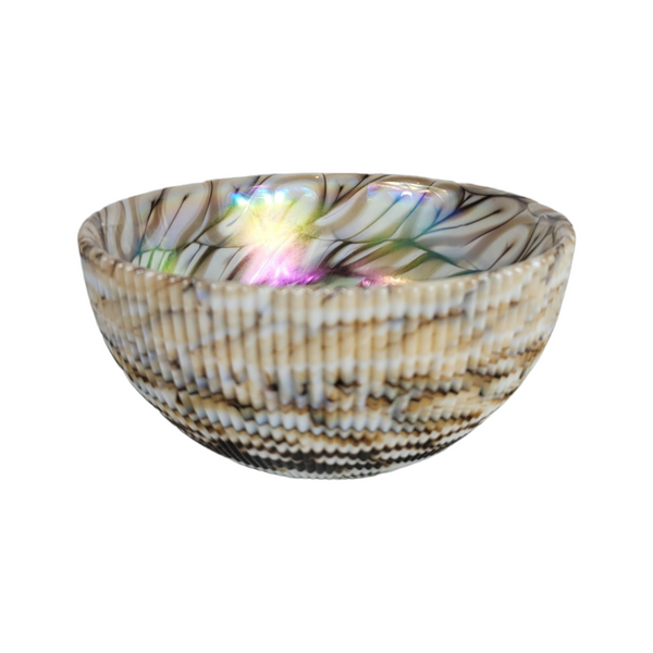 Unsigned Small Murano Glass Bowl with Ribbed Shell Exterior and Caramel Mixed Hues