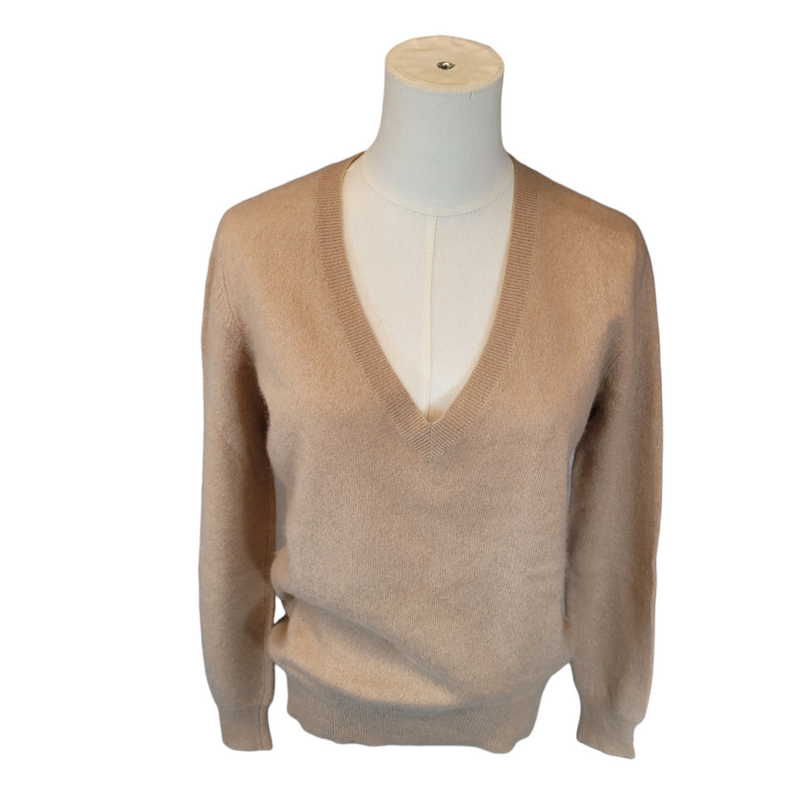 Zara Knit V-Neck Cashmere Jumper in Caramel, Size Small<