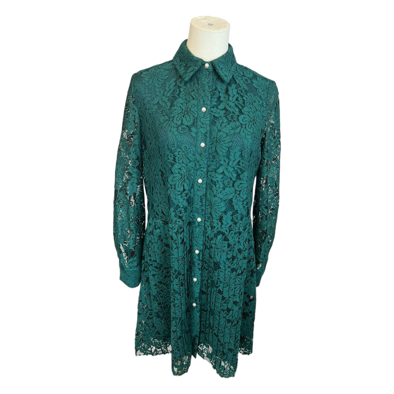 Zara Basic Elegant Emerald Green Lace Dress with Faux Pearl Buttons, Size Small