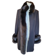 Flavio Castellani Black Single Breasted Coat with Fox Fur Finish, Size 42