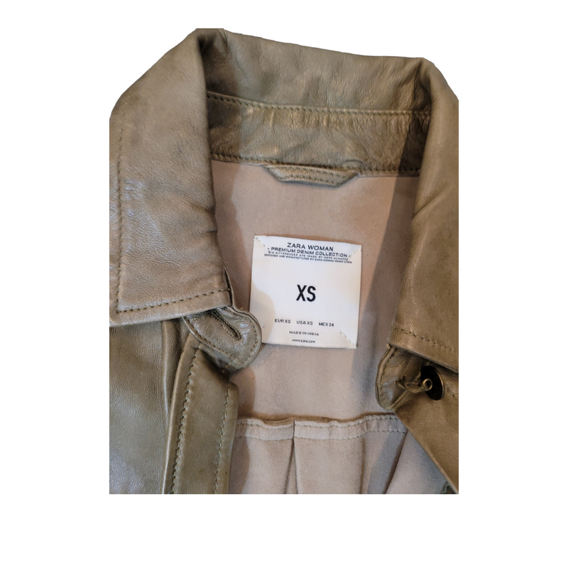 Zara Immaculate Oversized Leather Shirt Jacket in Green, Size XS