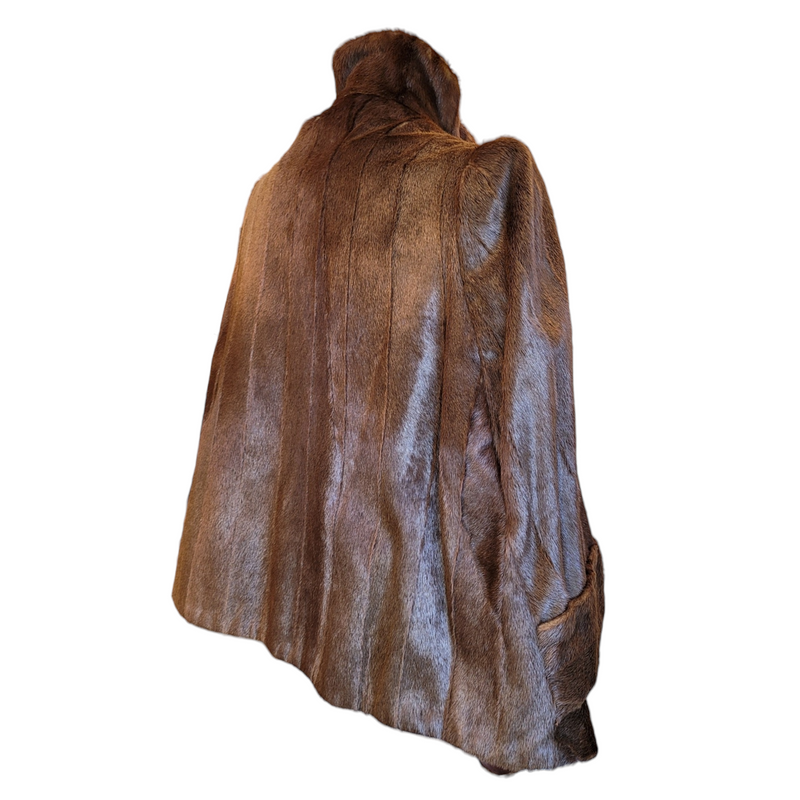 Bespoke Unique Mink Fox Beaver Fur Jacket Cape Coat in Reddish Brown, Size Small/Medium