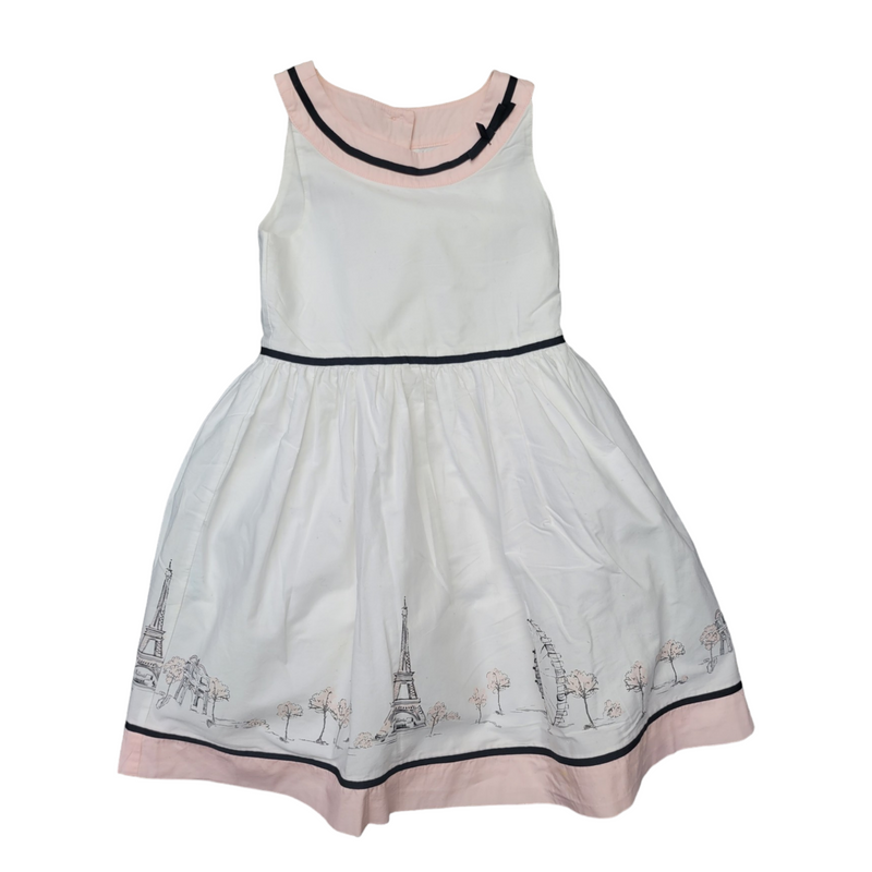 Janie & Jack (4 Years) White Cotton Girls Dress with Paris Scenes