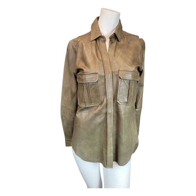 Zara Immaculate Oversized Leather Shirt Jacket in Green, Size XS