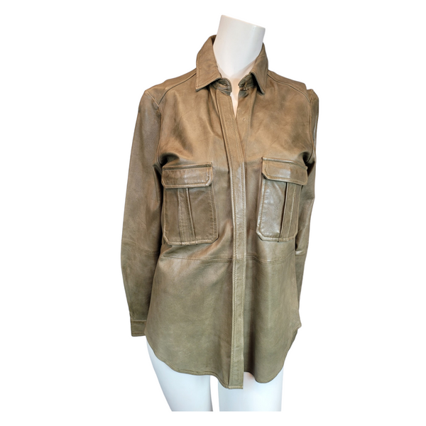 Zara Immaculate Oversized Leather Shirt Jacket in Green, Size XS