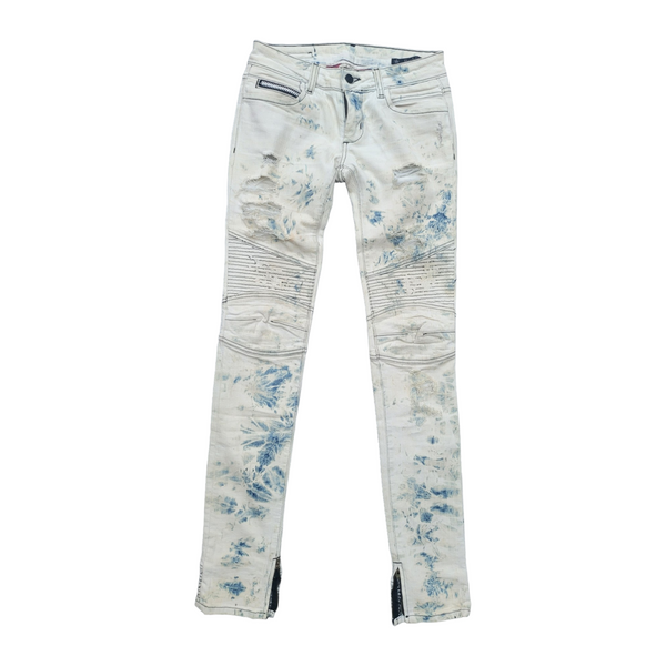 RockStar Distressed Biker Jeans in White/Blue Tie Dye, Size 26