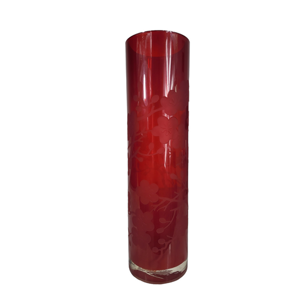 Unsigned Tall Red Glass Vase with Etched Blossom Design