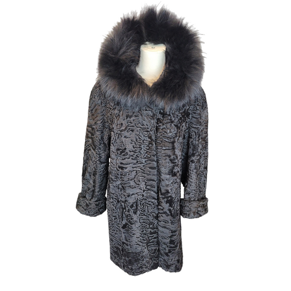 Exquisite Custom-Made Black Astrakhan Fur Coat with Luxurious Fox Fur Trim, Size 10/12/14
