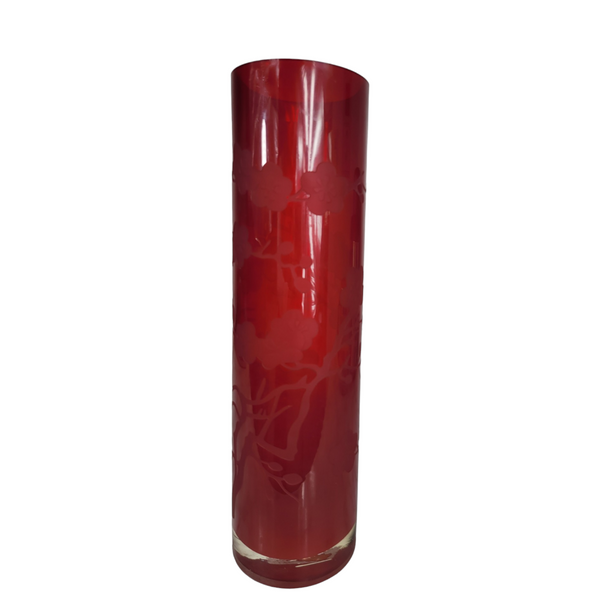 Unsigned Tall Red Glass Vase with Etched Blossom Design