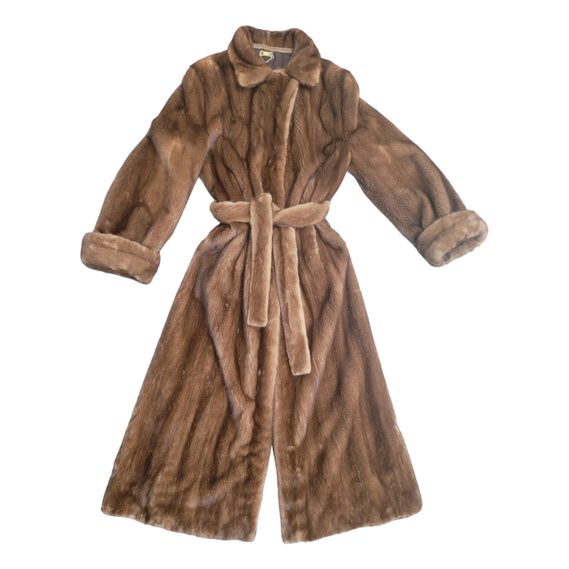 Bespoke Belted Real Mink Full Length Coat by SAGA Furs in Brown, Size 10/12/14 (Copy)