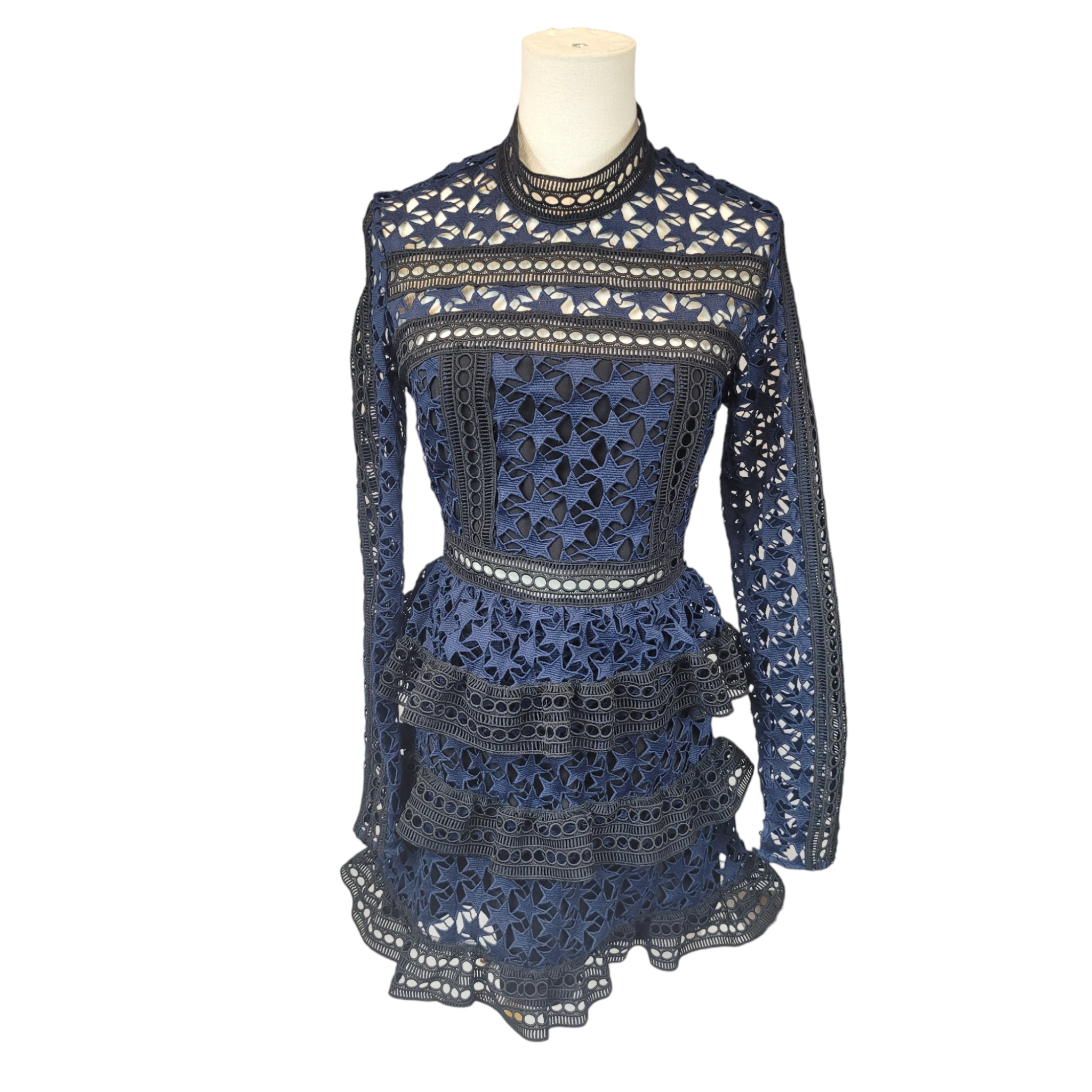 Self Portrait UK10 Black/Navy Lace Dress with Layered Skirt FADVault Self Portrait UK10 Black/Navy Lace Dress with Layered Skirt FADVault