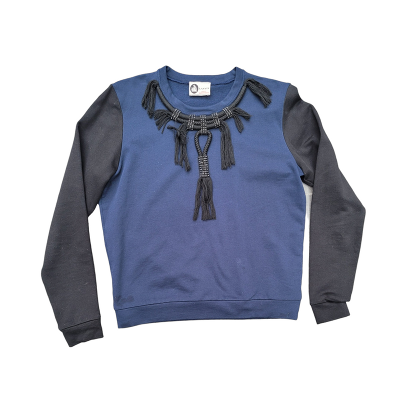 Lanvin Woman's Small Navy Black Cotton Sweatshirt Jumper with Bejewelled & Tasselled Neckline