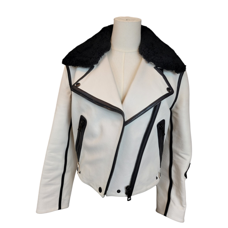 Acne Studios Limited Edition White Leather Bomber Jacket with Black Leather Outline, Size36