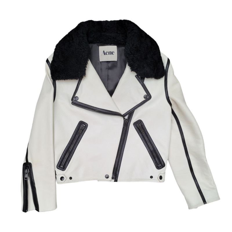 Acne Studios Limited Edition White Leather Bomber Jacket with Black Leather Outline, Size36