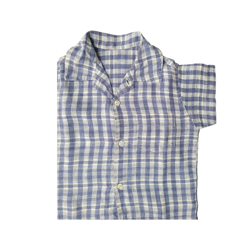 Good Bear Pure (1 Year) Blue Check Luxury Cotton Linen Baby Boys Shirt