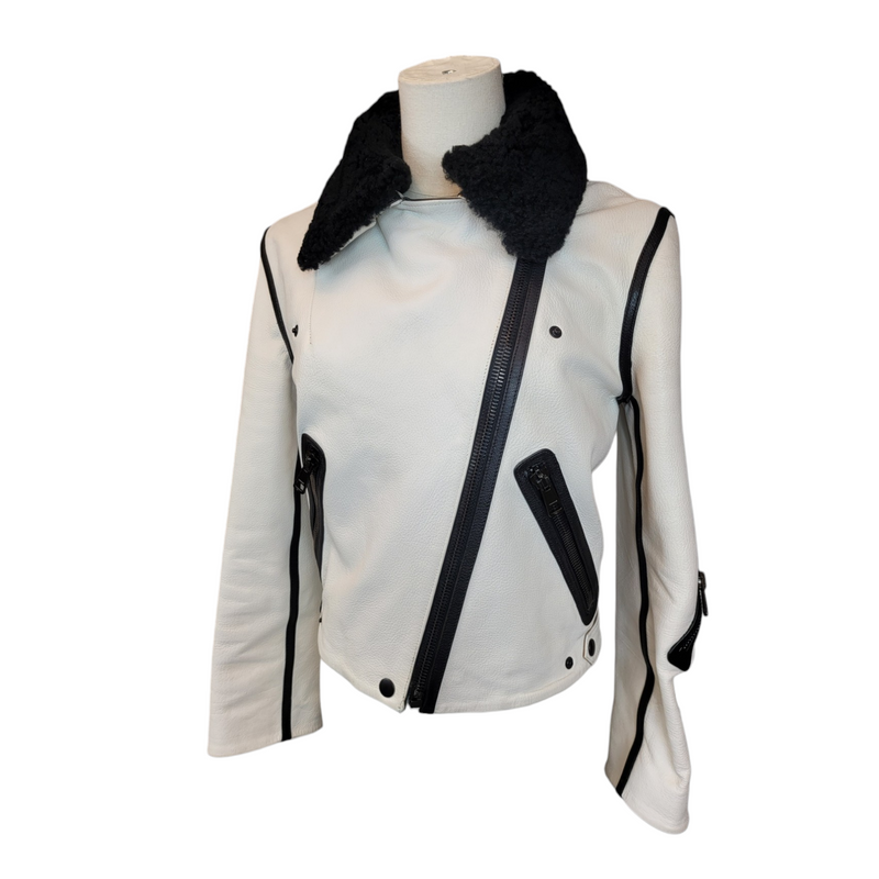 Acne Studios Limited Edition White Leather Bomber Jacket with Black Leather Outline, Size36