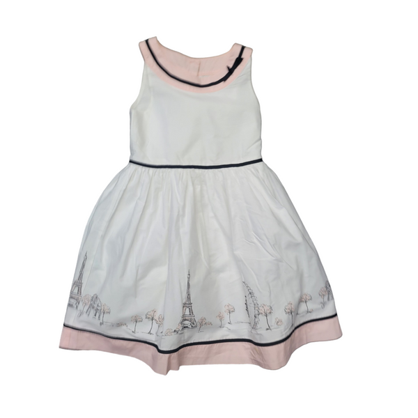 Janie & Jack (4 Years) White Cotton Girls Dress with Paris Scenes