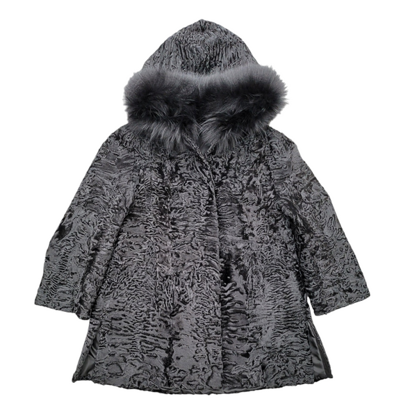 Exquisite Custom-Made Black Astrakhan Fur Coat with Luxurious Fox Fur Trim, Size 10/12/14