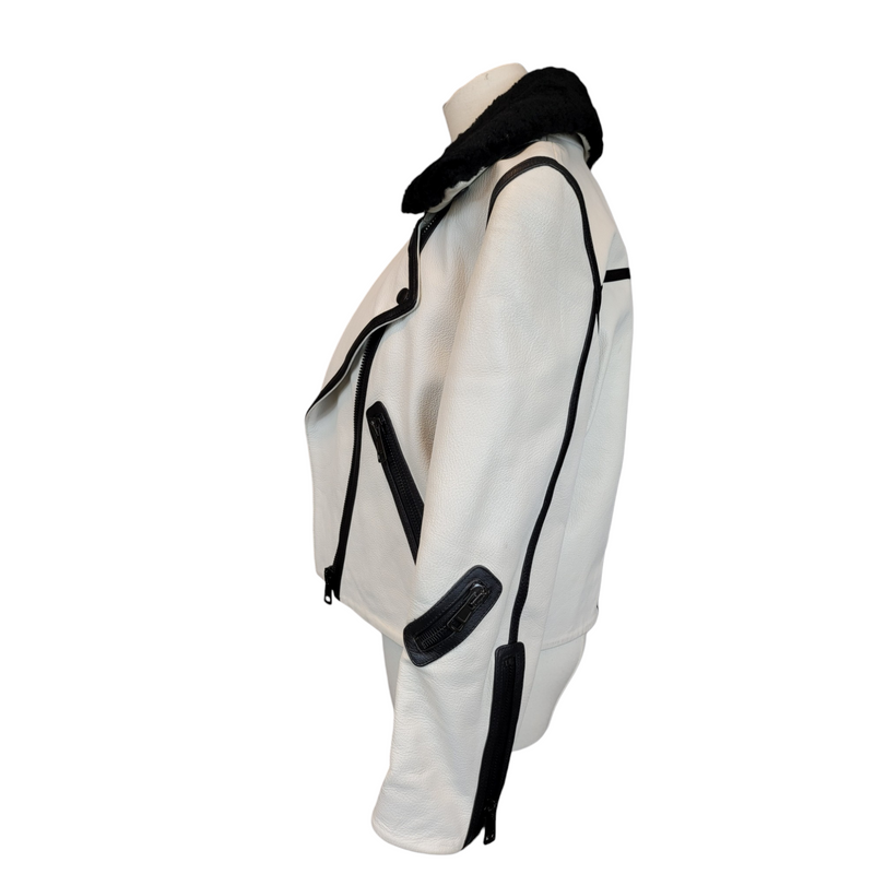 Acne Studios Limited Edition White Leather Bomber Jacket with Black Leather Outline, Size36