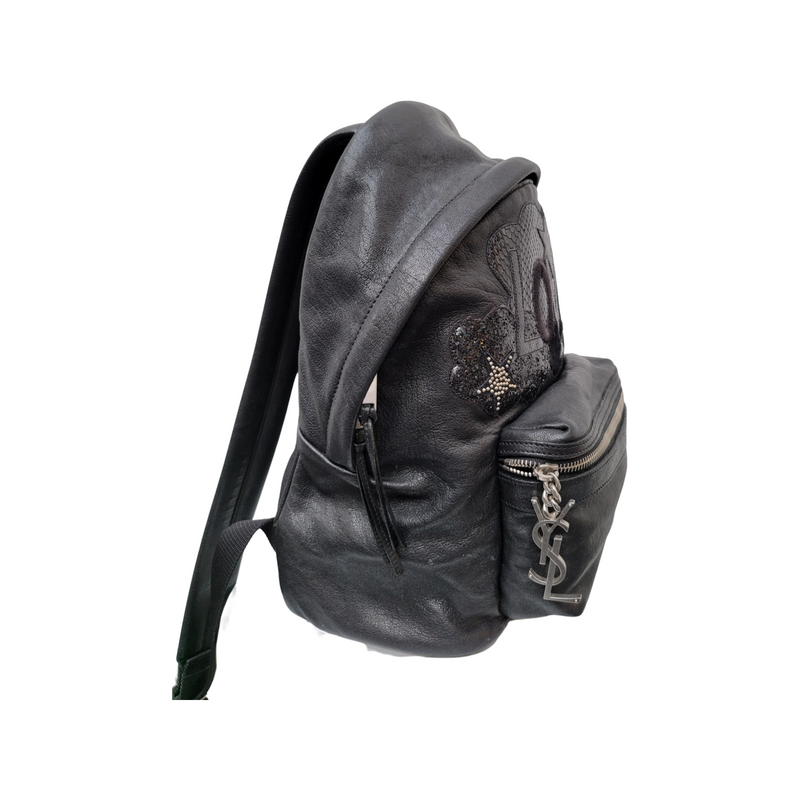 YSL Medium Black Leather Love Patch Backpack